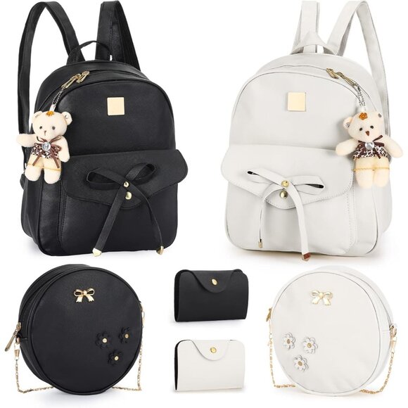 Mini PU Leather Backpack Purse Set for Women Teen with Bowknot - Black & Beige